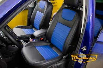 Чехлы на Volkswagen Tiguan 2, серии "Premium" - синяя строчка, синий центр