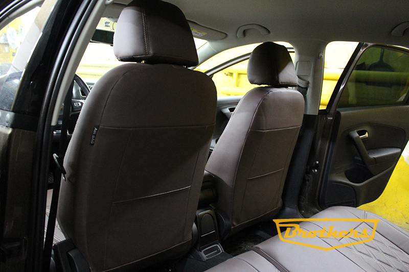 Чехлы на Volkswagen Polo (шоколад), серии "Premium" - бежевая строчка