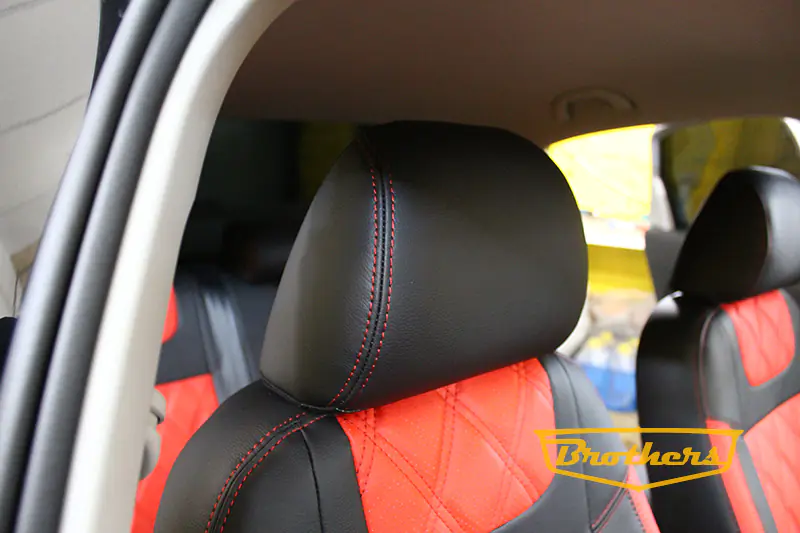 Чехлы на Volkswagen Polo, серии "Premium" - красные вставки, красная строчка, ромбы