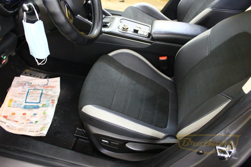 Чехлы на Renault Talisman (Универсал) серии "Alcantara" - серая строчка, продление передних сидений