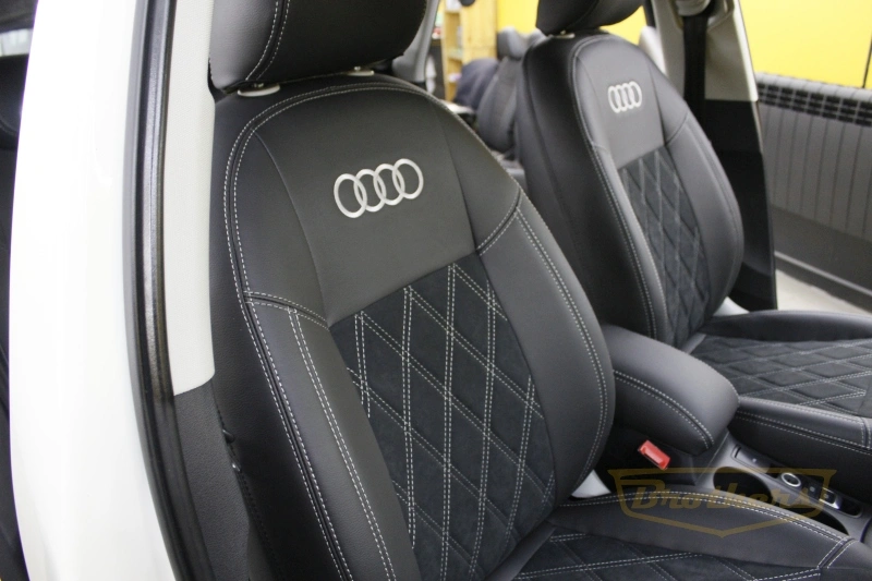 Чехлы на сидения Audi Q3, серии "Alcantara" (продление передних сидений) - серая строчка, ромбы, логотипы
