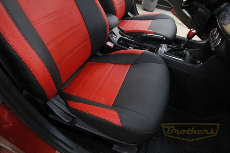  Чехлы на Mitsubishi Lancer 10 (Intence), серии "Premium" - красная строчка, красные вставки