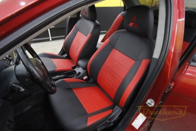  Чехлы на Mitsubishi Lancer 10 (Intence), серии "Premium" - красная строчка, красные вставки