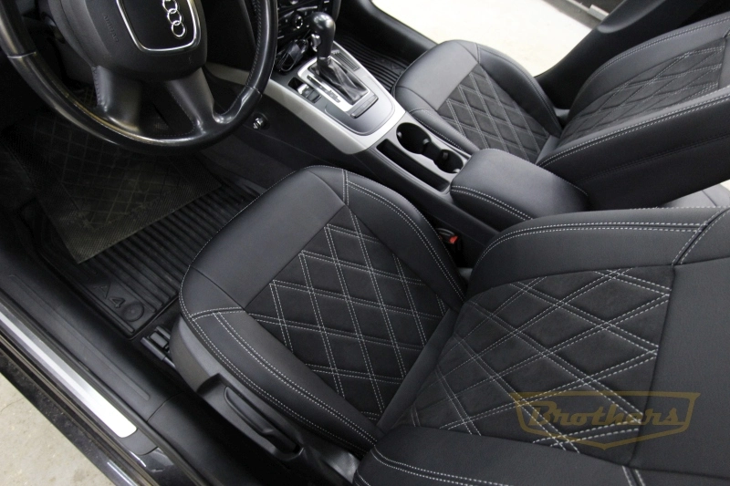 Чехлы на сидения Audi А4 (B8, рестайлинг) серии "Aurora" с алькантарой - серая строчка, ромбы (цельная спинка)