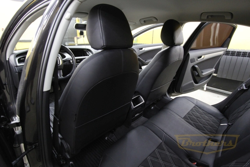 Чехлы на сидения Audi А4 (B8, рестайлинг) серии "Aurora" с алькантарой - серая строчка, ромбы (цельная спинка)