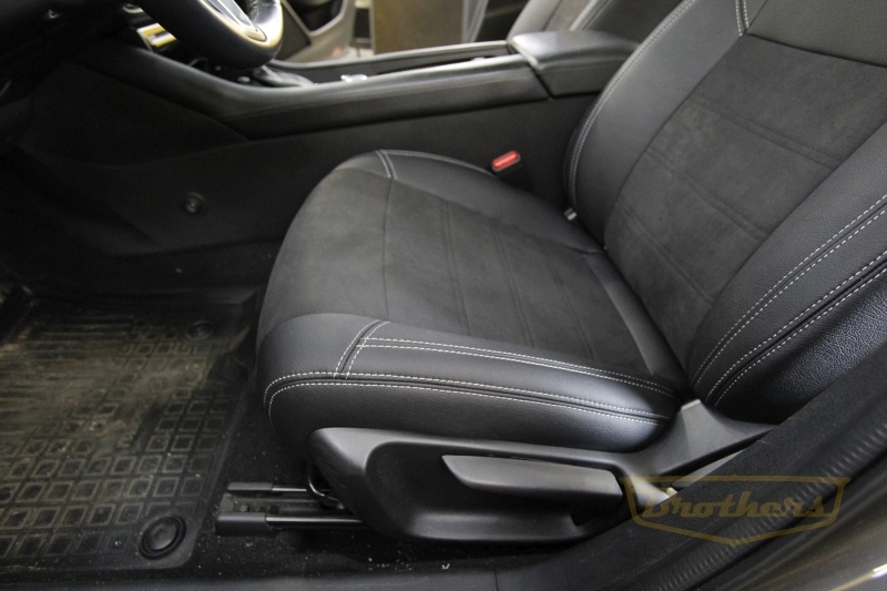 Чехлы на Mazda 6 III (GJ, рестайлинг)  серии "Aurora" - серая строчка, продление передних и задних сидений алькантарой