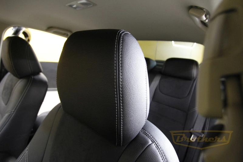 Чехлы на Mazda 6 III (GJ, рестайлинг)  серии "Aurora" - серая строчка, продление передних и задних сидений алькантарой