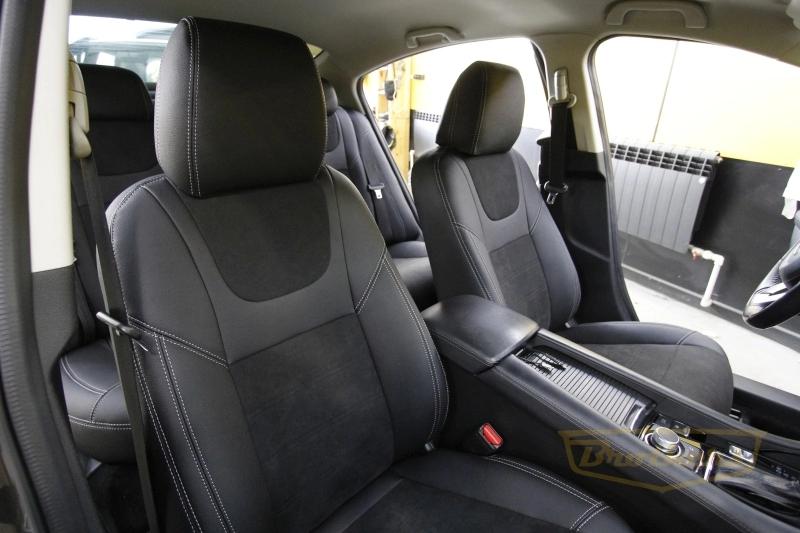 Чехлы на Mazda 6 III (GJ, рестайлинг)  серии "Aurora" - серая строчка, продление передних и задних сидений алькантарой