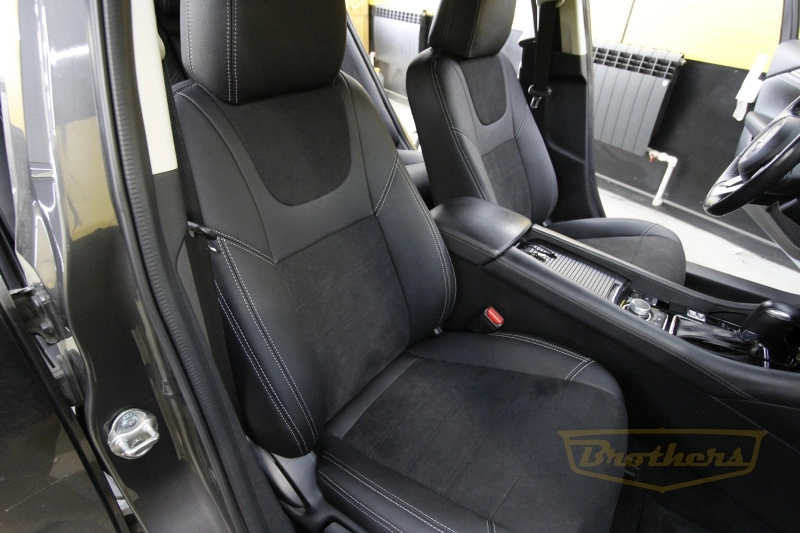 Чехлы на Mazda 6 III (GJ, рестайлинг)  серии "Aurora" - серая строчка, продление передних и задних сидений алькантарой