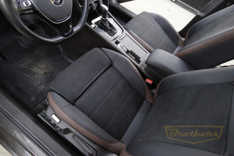 Чехлы для Volkswagen Passat B8 (Comfort Line) серии "Aurora" - коричневая строчка, алькантара с продлением переднего ряда, коричневые вставки