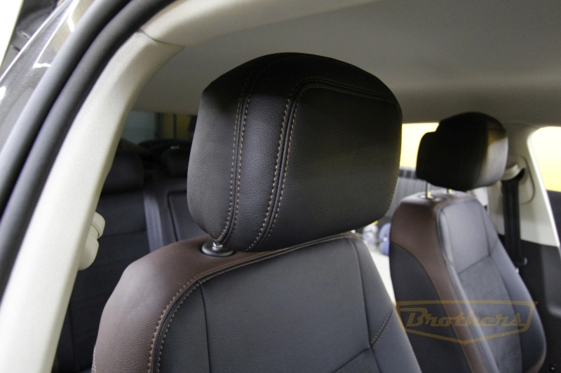 Чехлы для Volkswagen Passat B8 (Comfort Line) серии "Aurora" - коричневая строчка, алькантара с продлением переднего ряда, коричневые вставки