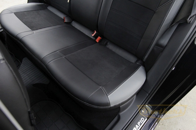 Чехлы на Skoda Rapid, серии "Alcantara" - серая строчка, продление передних сидений, серые лепестки Чехлы на Skoda Rapid, серии "Alcantara" - серая строчка, продление передних сидений, серые лепестки