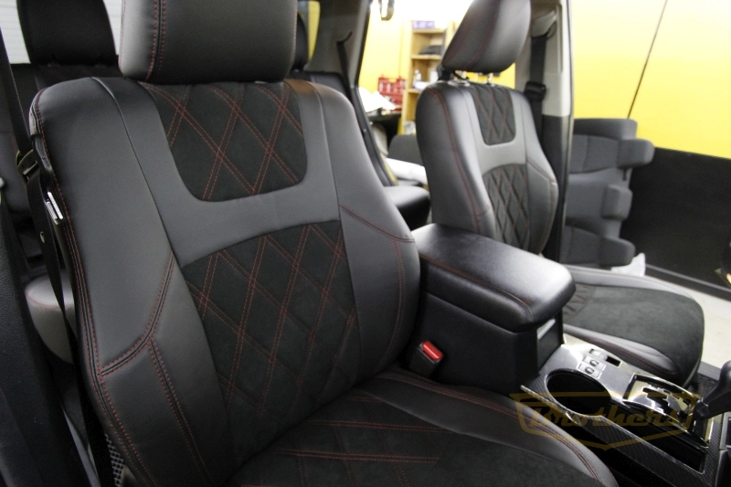 Авточехлы на Тойота 4 Рунер (Toyota 4 Runer) серии "Alcantara" - с ромбами и продлением передних сидений, красная строчка