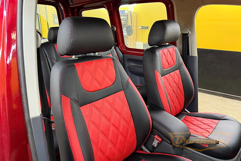 Чехлы из экокожи для Volkswagen Caddy 3 (2004 - 2010) серии "Premium" - красная строчка, красные вставки, ромбы