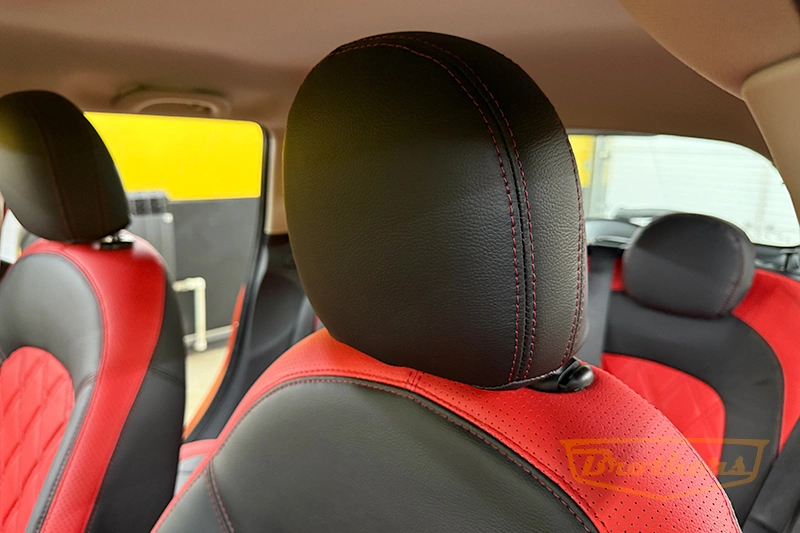 Чехлы на Mini Cooper Hatch (F56), серии "Premium" - красная строчка, красный центр, ромбы Чехлы на Mini Cooper Hatch (F56), серии "Premium" - красная строчка, красный центр, ромбы