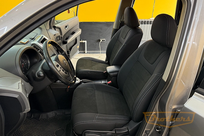 Чехлы для Nissan X-Trail T31, серии "Aurora" - серая строчка, вставка Alcantara с продлением переднего ряда сидений Чехлы для Nissan X-Trail T31, серии "Aurora" - серая строчка, вставка Alcantara с продлением переднего ряда сидений