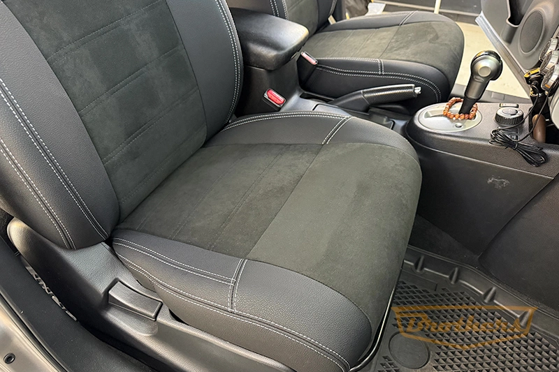 Чехлы для Nissan X-Trail T31, серии "Aurora" - серая строчка, вставка Alcantara с продлением переднего ряда сидений Чехлы для Nissan X-Trail T31, серии "Aurora" - серая строчка, вставка Alcantara с продлением переднего ряда сидений