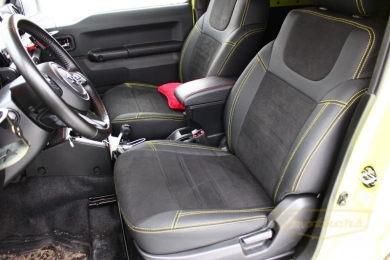 Авточехлы на Suzuki Jimny (5 дверей) серии "Alcantara" - желтая строчка, продление передних сидений алькантарой