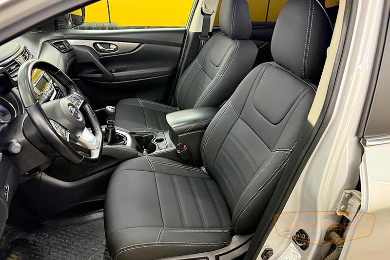 Чехлы для сидений автомобиля Nissan Qashqai J11, серии "Aurora" - серая строчка, гладкий центр