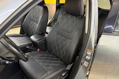 Авточехлы на Suzuki Vitara II (Рестайлинг) серии "Premium" - серая строчка, ромбы