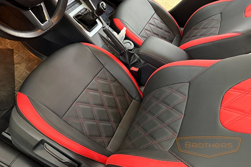 Чехлы на Skoda Octavia A7, серии "Premium" - красная строчка, красные вставки, ромбы Чехлы на Skoda Octavia A7, серии "Premium" - красная строчка, красные вставки, ромбы