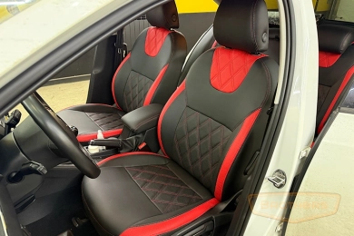 Чехлы на Skoda Octavia A7, серии "Premium" - красная строчка, красные вставки, ромбы