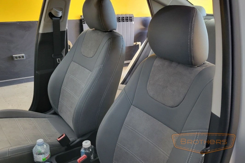 Чехлы на Hyundai Solaris 2, серии "Premium Plus" - серая строчка, серая эко-кожа, продление передних сидений Чехлы на Hyundai Solaris 2, серии "Premium Plus" - серая строчка, серая эко-кожа, продление передних сидений