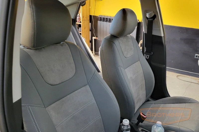 Чехлы на Hyundai Solaris 2, серии "Premium Plus" - серая строчка, серая эко-кожа, продление передних сидений Чехлы на Hyundai Solaris 2, серии "Premium Plus" - серая строчка, серая эко-кожа, продление передних сидений