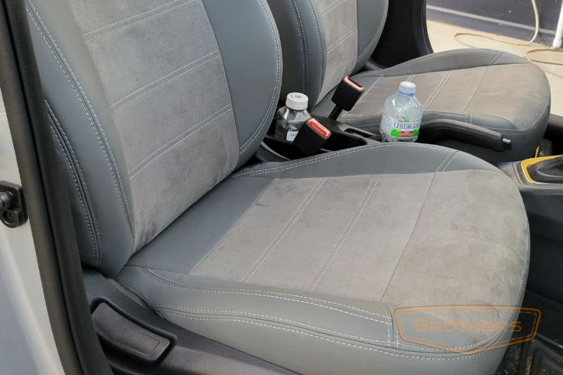 Чехлы на Hyundai Solaris 2, серии "Premium Plus" - серая строчка, серая эко-кожа, продление передних сидений Чехлы на Hyundai Solaris 2, серии "Premium Plus" - серая строчка, серая эко-кожа, продление передних сидений