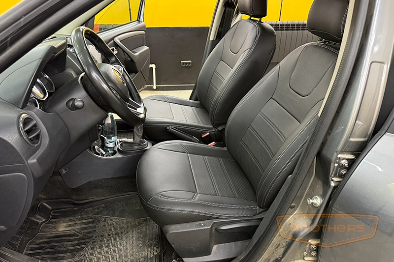 Авточехлы на автомобиль Renault Duster (Рено Дастер), серии "Premium" - серая строчка, оригинал из экокожи Авточехлы на автомобиль Renault Duster (Рено Дастер), серии "Premium" - серая строчка, оригинал из экокожи